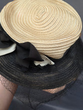 Load image into Gallery viewer, 1940s Black and Cream Straw/Raffia Tilt Hat