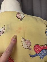 Load image into Gallery viewer, 1940s Acid Yellow, Black, White, Beige, Pink and Blue Novelty Print Leaf Dress
