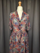 Load image into Gallery viewer, 1940s Pink, Blue and Green Mottled Hawaiian Leaf Print Dress