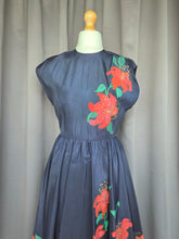 Load image into Gallery viewer, 1950s Hand Painted Navy Blue Dress With Tiered Skirt and Lily Pattern