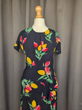 Load image into Gallery viewer, 1940s Navy Blue and Multicoloured Tulip Peplum Dress