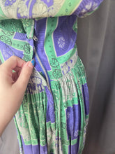 Load image into Gallery viewer, 1940s Blue/Purple and Green Tile Print Silk Dress