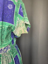 Load image into Gallery viewer, 1940s Blue/Purple and Green Tile Print Silk Dress