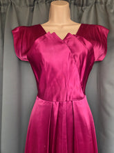 Load image into Gallery viewer, 1950s Magenta Pink Liquid Satin Dress With Pleats and Layered Collar