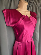 Load image into Gallery viewer, 1950s Magenta Pink Liquid Satin Dress With Pleats and Layered Collar