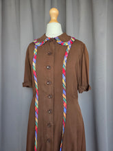 Load image into Gallery viewer, 1940s Brown And Rainbow Ribbon Dress With Peter Pan Collar
