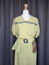 Load image into Gallery viewer, 1940s Chartreuse Green Crepe Dress With Blue Galalith Buckle and Rainbow Sash
