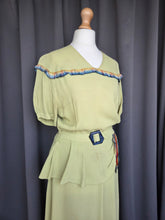 Load image into Gallery viewer, 1940s Chartreuse Green Crepe Dress With Blue Galalith Buckle and Rainbow Sash
