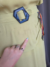Load image into Gallery viewer, 1940s Chartreuse Green Crepe Dress With Blue Galalith Buckle and Rainbow Sash