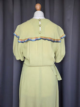 Load image into Gallery viewer, 1940s Chartreuse Green Crepe Dress With Blue Galalith Buckle and Rainbow Sash