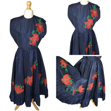 Load image into Gallery viewer, 1950s Hand Painted Navy Blue Dress With Tiered Skirt and Lily Pattern