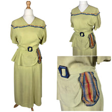 Load image into Gallery viewer, 1940s Chartreuse Green Crepe Dress With Blue Galalith Buckle and Rainbow Sash