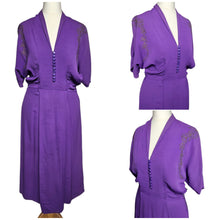 Load image into Gallery viewer, 1940s Bright Purple Crepe Dress With Gold Embroidery