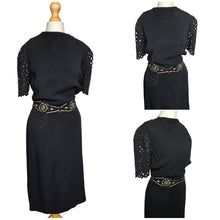 Load image into Gallery viewer, 1940s Black Crepe Beaded Waist and Lace Sleeve Dress