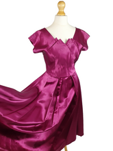 Load image into Gallery viewer, 1950s Magenta Pink Liquid Satin Dress With Pleats and Layered Collar