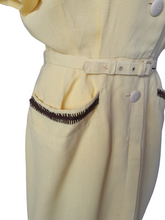 Load image into Gallery viewer, 1940s Yellow Linen Dress With Brown Detailing and Pockets
