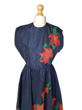 Load image into Gallery viewer, 1950s Hand Painted Navy Blue Dress With Tiered Skirt and Lily Pattern