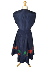 Load image into Gallery viewer, 1950s Hand Painted Navy Blue Dress With Tiered Skirt and Lily Pattern