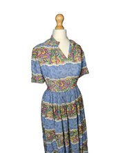 Load image into Gallery viewer, 1940s Sky Blue and Multicoloured Paisley Print Dress With Amazing Collar