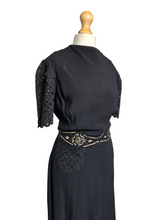 Load image into Gallery viewer, 1940s Black Crepe Beaded Waist and Lace Sleeve Dress