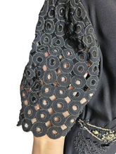 Load image into Gallery viewer, 1940s Black Crepe Beaded Waist and Lace Sleeve Dress