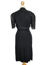 Load image into Gallery viewer, 1940s Black Crepe Beaded Waist and Lace Sleeve Dress