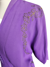 Load image into Gallery viewer, 1940s Bright Purple Crepe Dress With Gold Embroidery