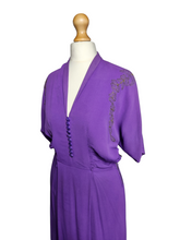 Load image into Gallery viewer, 1940s Bright Purple Crepe Dress With Gold Embroidery
