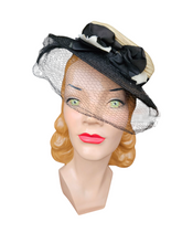 Load image into Gallery viewer, 1940s Black and Cream Straw/Raffia Tilt Hat
