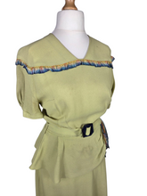 Load image into Gallery viewer, 1940s Chartreuse Green Crepe Dress With Blue Galalith Buckle and Rainbow Sash