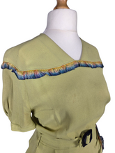 Load image into Gallery viewer, 1940s Chartreuse Green Crepe Dress With Blue Galalith Buckle and Rainbow Sash