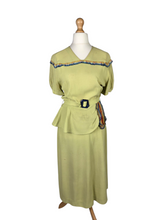 Load image into Gallery viewer, 1940s Chartreuse Green Crepe Dress With Blue Galalith Buckle and Rainbow Sash