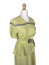Load image into Gallery viewer, 1940s Chartreuse Green Crepe Dress With Blue Galalith Buckle and Rainbow Sash