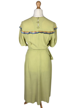 Load image into Gallery viewer, 1940s Chartreuse Green Crepe Dress With Blue Galalith Buckle and Rainbow Sash