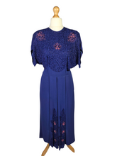 Load image into Gallery viewer, 1940s Rare Royal Blue Long Pink Beaded Sash Dress