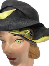 Load image into Gallery viewer, 1920s Black Raffia Hat With Green Ribbon and Buckle