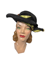 Load image into Gallery viewer, 1920s Black Raffia Hat With Green Ribbon and Buckle