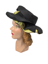 Load image into Gallery viewer, 1920s Black Raffia Hat With Green Ribbon and Buckle