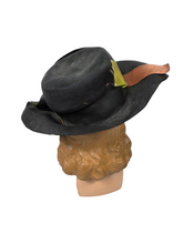 Load image into Gallery viewer, 1920s Black Raffia Hat With Green Ribbon and Buckle