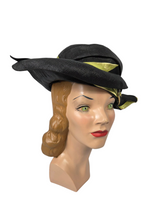 Load image into Gallery viewer, 1920s Black Raffia Hat With Green Ribbon and Buckle