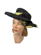 Load image into Gallery viewer, 1920s Black Raffia Hat With Green Ribbon and Buckle