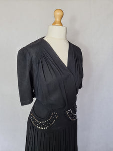 1940s Black Crepe Studded Dress