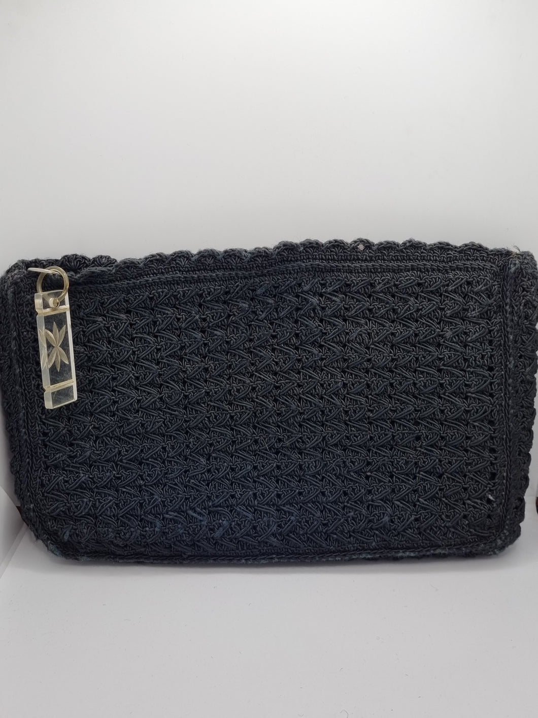 1940s HUGE Black Crochet Clutch Bag With Lucite Pull