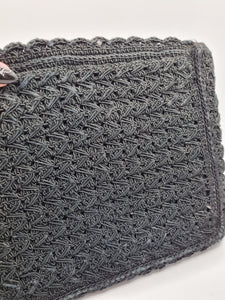 1940s HUGE Black Crochet Clutch Bag With Lucite Pull