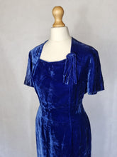 Load image into Gallery viewer, Late 1940s Royal Blue Velvet Dress With Bow
