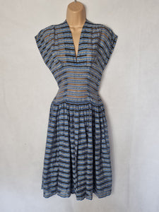 1950s Blue, Grey, White and Black Stripe Sheer Dress