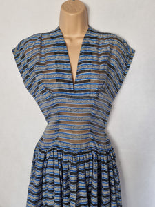 1950s Blue, Grey, White and Black Stripe Sheer Dress