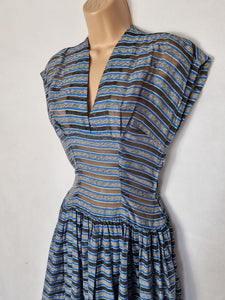 1950s Blue, Grey, White and Black Stripe Sheer Dress