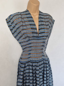 1950s Blue, Grey, White and Black Stripe Sheer Dress