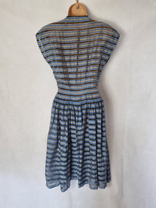 1950s Blue, Grey, White and Black Stripe Sheer Dress